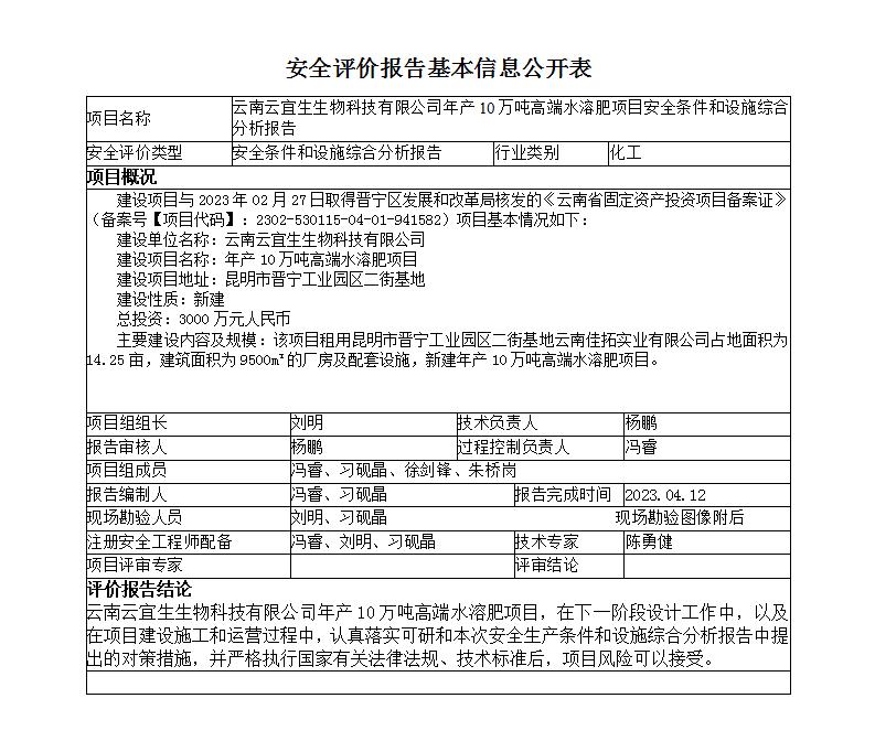 基本信息公開(kāi)表云南云宜生生物科技有限公司